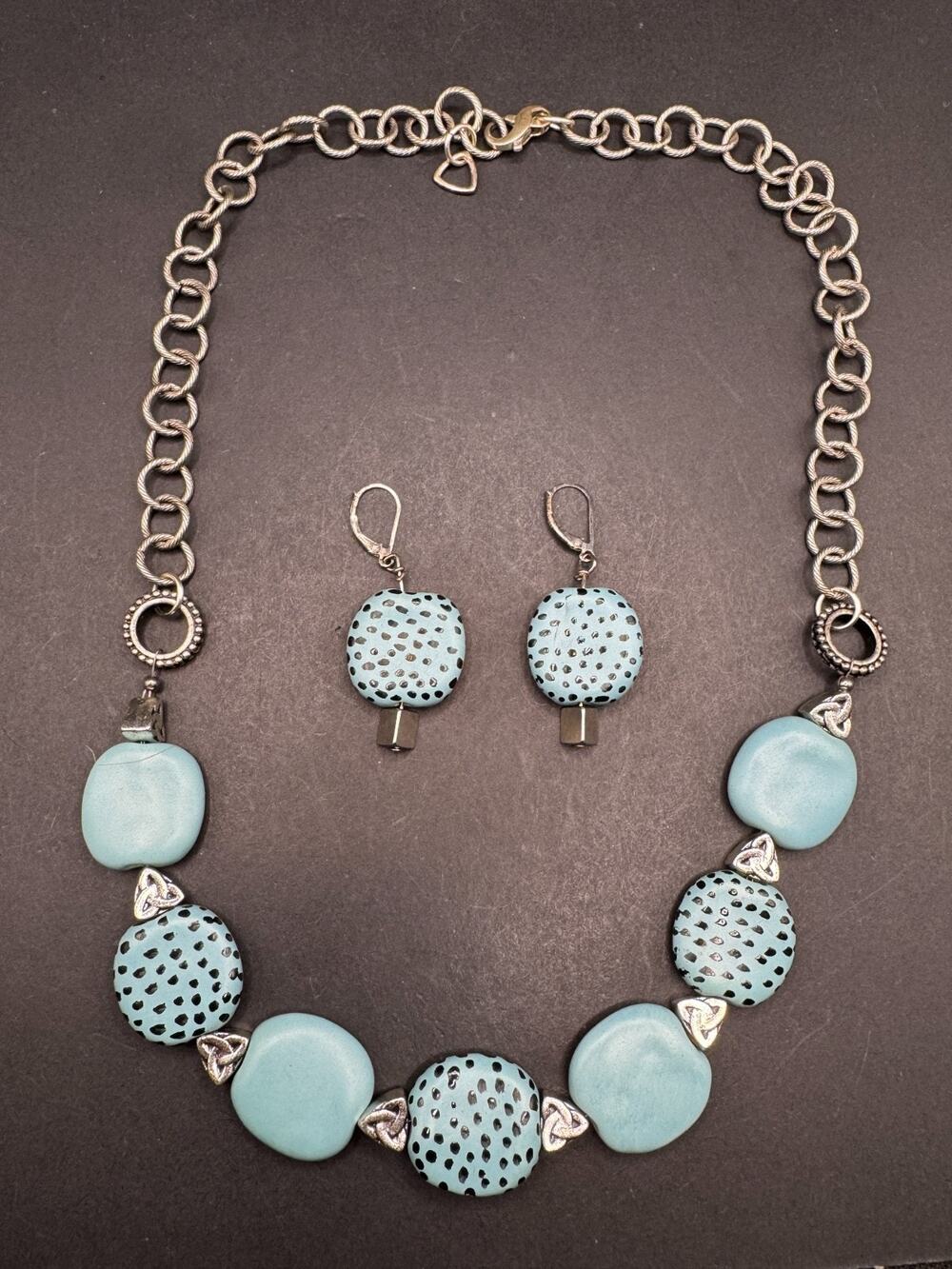 Vintage Blue Black Ceramic Beads Necklace & Earrings Set Sterling Silver 925